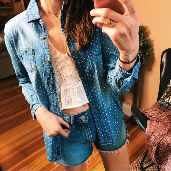 Vans chambray denim polka dot button down blouse